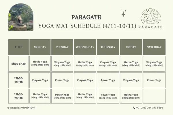 Lịch tập tại Paragate Yoga & Pilates