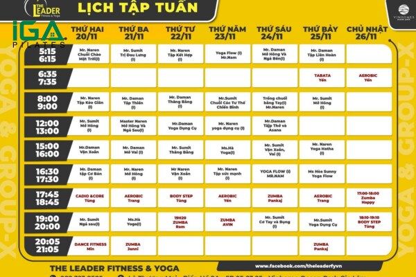 Lịch tập tại The Leader Fitness & Yoga