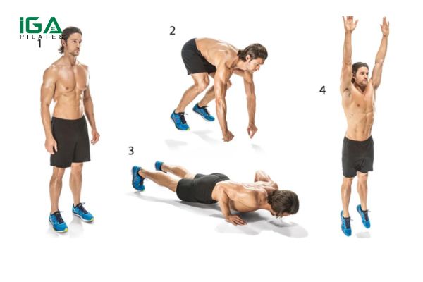 Burpees là bài tập HIIT Cardio kết hợp nhiều động tác liên hoàn, bao gồm squat, chống đẩy và bật nhảy