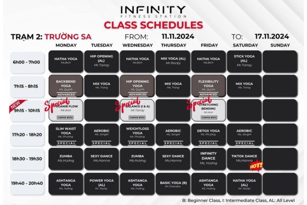 Ví dụ một lịch tập tại Infinity Fitness Station